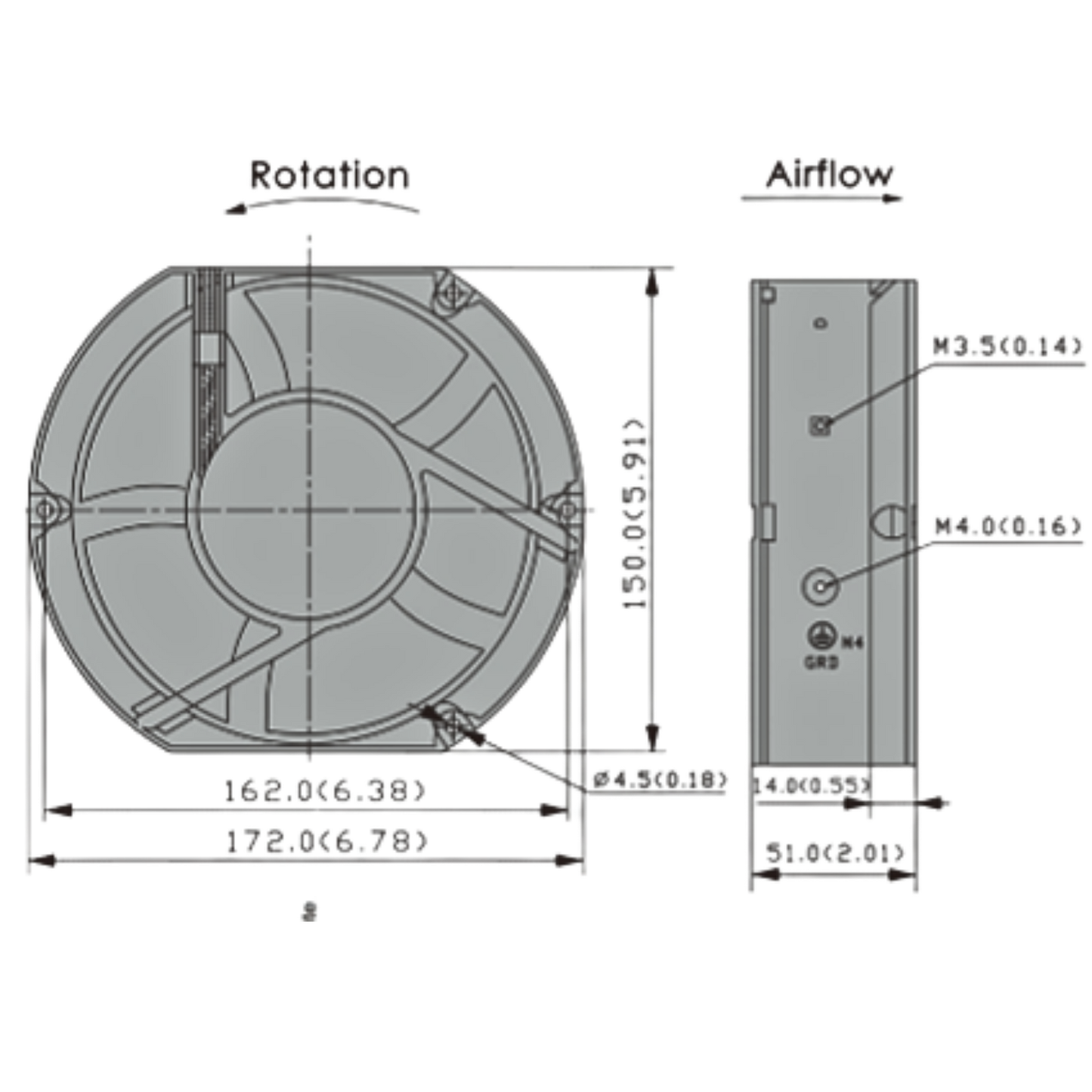 Microventilador AD17248UB5151M0 48VDC 1,50A 172x150x51mm